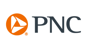 PNC logo featuring dark blue 'PNC' wordmark beside an orange circle with a white triangular emblem.