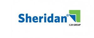 Sheridan logo: blue wordmark with a green square/bi-color icon on the right, CJK Group branding