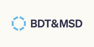 BDT&MSD logo featuring a blue circular emblem to the left of dark text on a light background