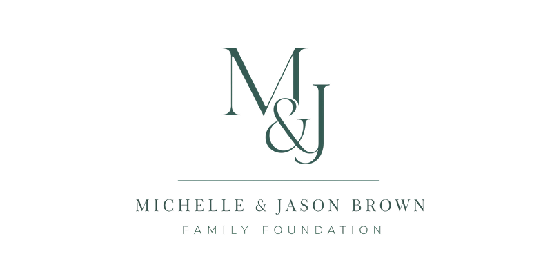 Logo for Michelle & Jason Brown Family Foundation featuring teal M&J initials on a black background.